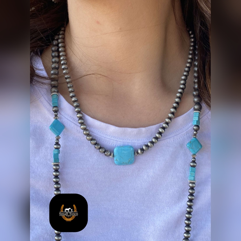 Faux Navajo Pearl w/ Turquoise Square Necklace